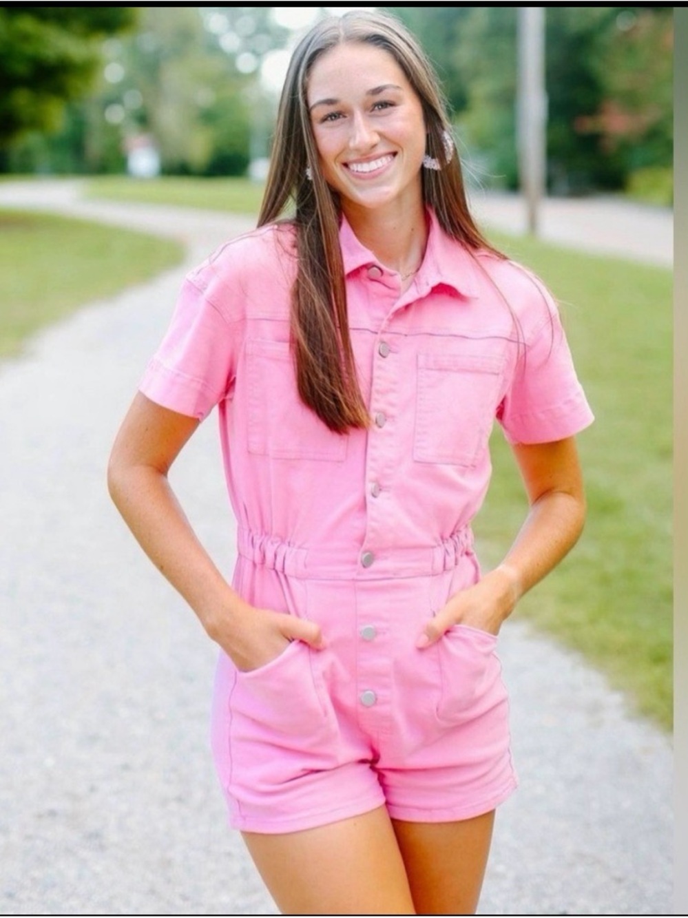 Women's Pink Short-Sleeve Button Romper